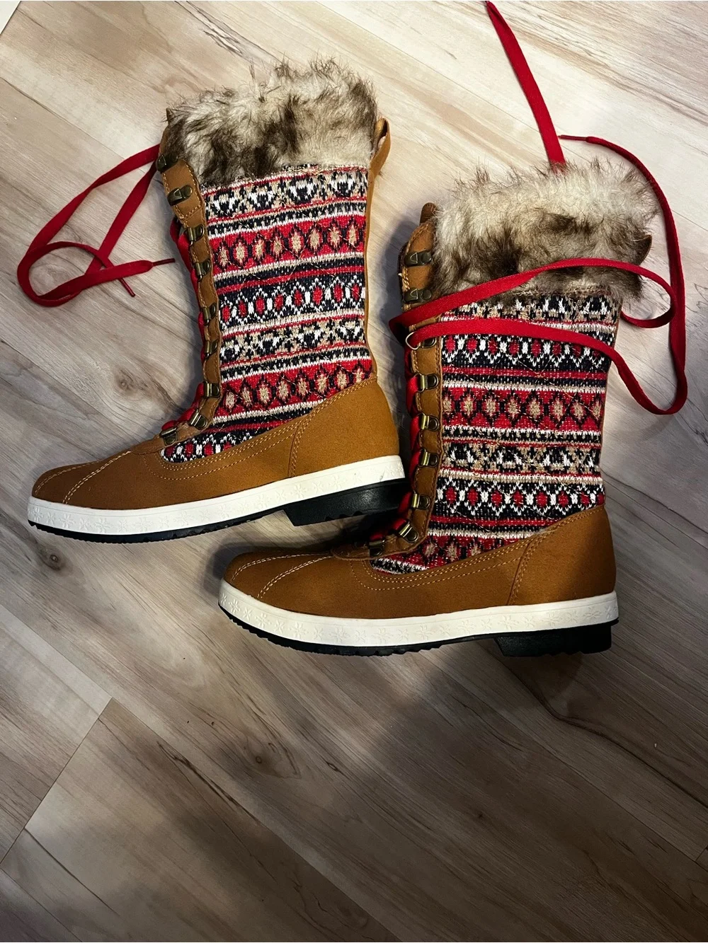 JustFab Women's Tan Faux-Fur Winter Lace-Up Boots with Fair Isle Knit Accents